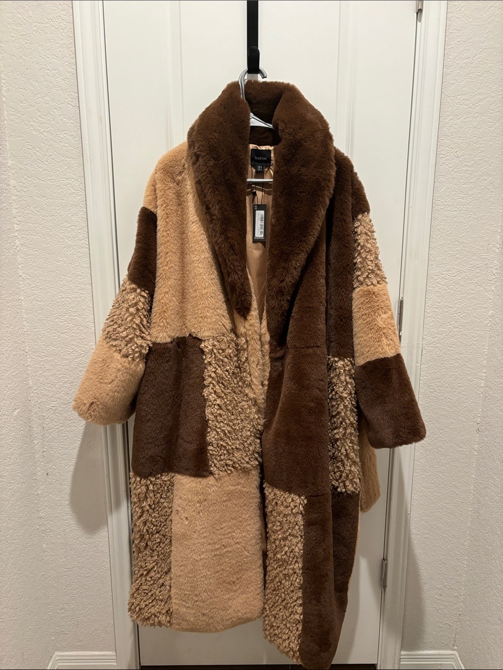 Petite Patchwork Faux Shearling belted Coat - Brown/Tan